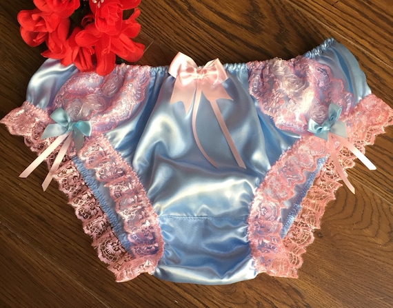 Baby Blue Satin Panties/feminine Bikini Knickers Roses & Lace