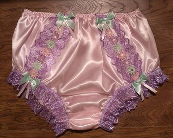 Baby Pink Full Style Satin Panties-Silky Sofy Sissy Knickers - #LaceDaisies&Bows - Made to Order - Medium up to XXL