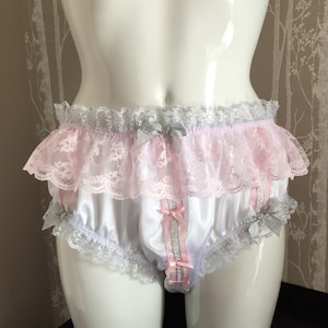 Made To Order - Bridal White Sparkly Trim Bikini Panties - Girly Satin Sissy Knickers - MEDIUM TO XXL