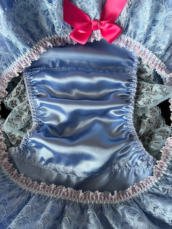 Satini Baby Blue Sissy Briefs – Sheer Nylon Frilly Satin Bow Panties – Size 10-20