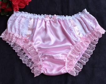 EXTRA LARGE. Baby Pink Lacy Bikini Panties/Satin Sissy Knickers - White Lace Sides. Measurements in Item Description