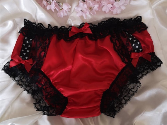 Foxy Red Bikini Style Knickers. Satin Sissy Panties. Black Lace