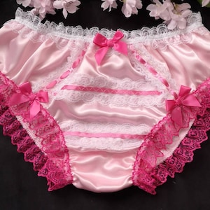 Baby Pink Satin Sissy Panties - Girly Bikini Style Knickers. Lace Ribbon&Bows - Made to Order - Medium up to Extra Extra Large