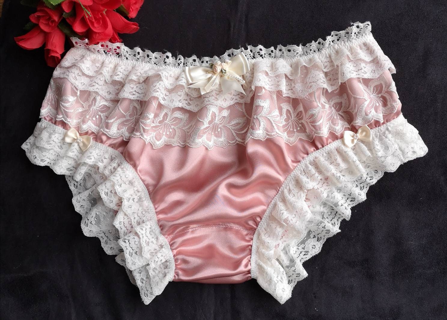 Image of Blush Satin Bikini Sissy Panties/Vintage Style Ultra Feminine Knickers - Made To Order Medium Up Xxl