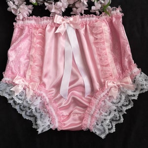Handmade Pink Satin Sissy Panties: Lace, Ribbon & Organza Detail. Up to 2XL