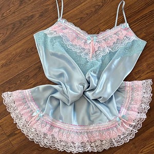 Sensual Soft Satin Baby Blue Chemise/Nightdress - Made to Order #LaceRibbin&Bows - WX - XXOS
