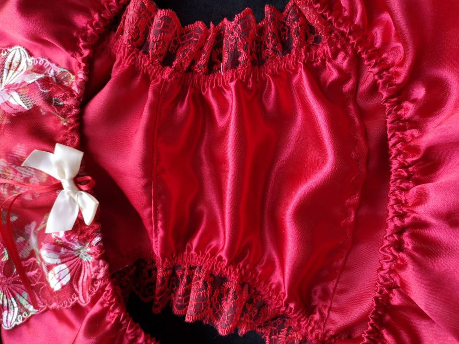 Crimson Red Satin Sissy Panties Chinese Style Flower Tulle Etsy