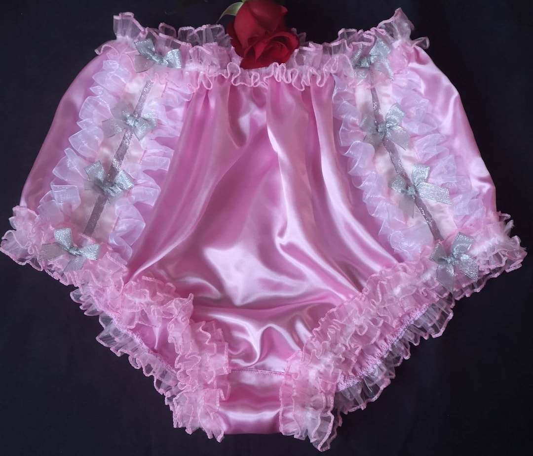 Baby Pink Satin Full Fit Sissy Panties. Lots of Organza Frills. Silver Ribbon and Bows. Made to