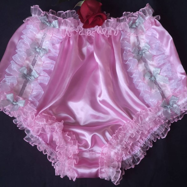 EXTRA LARGE - Baby Pink Satin Full Fit  Sissy Panties. Lots of Organza Frills. Sparkly Silver Bows. Measurements in Item Description.