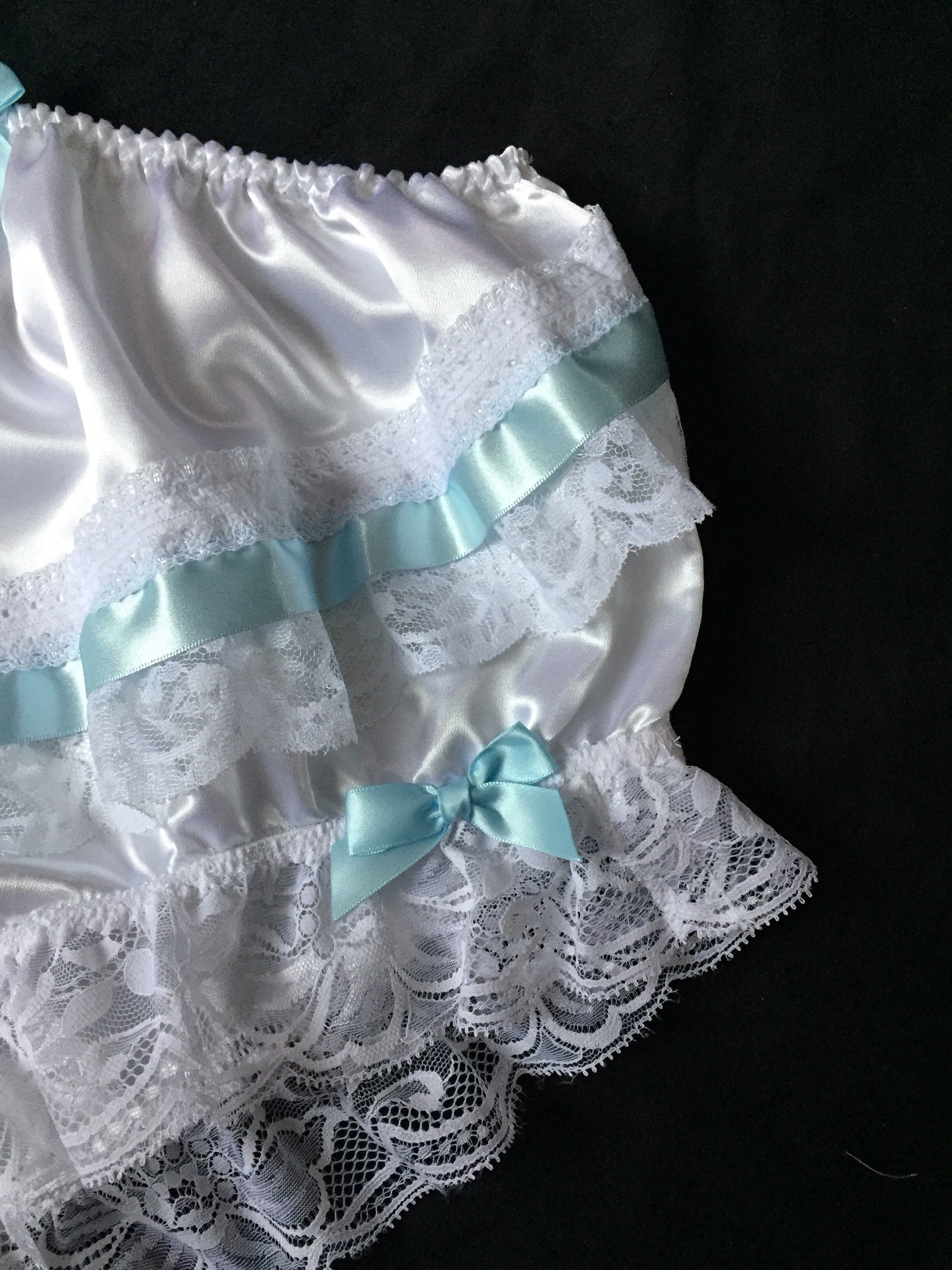 White Blue Sissy Sheer Nylon Frilly Lace Soft Satin Bow Panties White Blue Sissy Sheer Nylon Frilly Lace Soft Satin Bow Panties