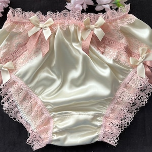 MEDIUM. Ivory Vintage Style Satin Sissy Bikini Panties with Sparkly Ribbon Trim. -Measurements in item description.
