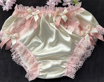MEDIUM. Ivory Vintage Style Satin Sissy Bikini Panties with Sparkly Ribbon Trim. -Measurements in item description.