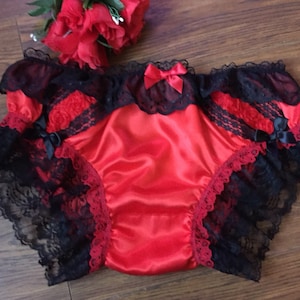 Foxy Red/Black Trim Satin Sissy Panties/Girly Feminine Bikini Knickers - Medium to XXL