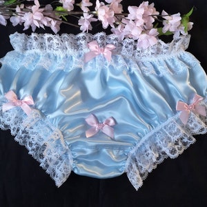 Baby Blue Satin Bikini Panties/Sissy Knickers with Bum Ruffles - Hand Made to Order - Medium up to Extra Extra Large