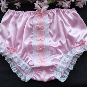 Baby Pink Full Fit Panties/Satin Sissy Knickers - Gingham Ribbon and Ktty Bow Detail. Made to Order. Medium up to Extra Extra Large.