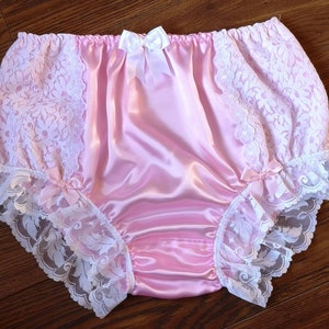 Baby Pink Sensual Satin Full Style Panties/White Lace Side Detail - Sissy Knickers - Made to Order - Medium up to XXL