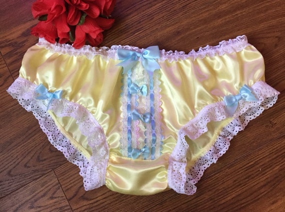 Pale Lemon/blue Trim Girly Sissy Bikini Panties/satin Knickers Medium up to  XXL 