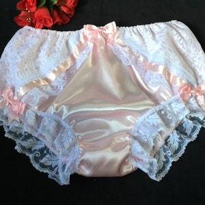 Baby Pink Full Fit Satin Panties/Feminine Sissy Knickers - #LaceRibbonBows - Made To Order - Medium to XXL