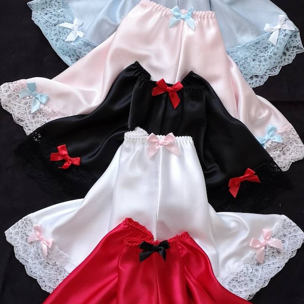 Silky Satin French Knickers with Lace At Legs and Bows - Made to Order - Choice of 6 Colours - Small to Extra Extra Large