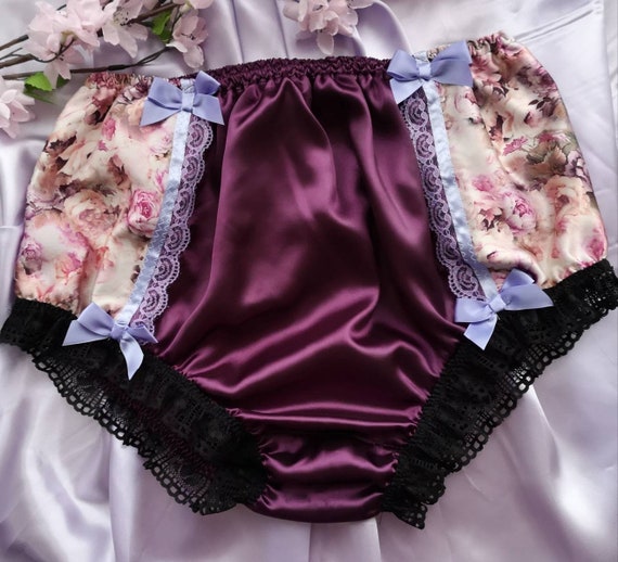 Classically Vintage Style Fuller Fit Panties-aubergine Satin Sissy Knickers- printed Satin Side Detail Made to Order Medium up to 2XL 