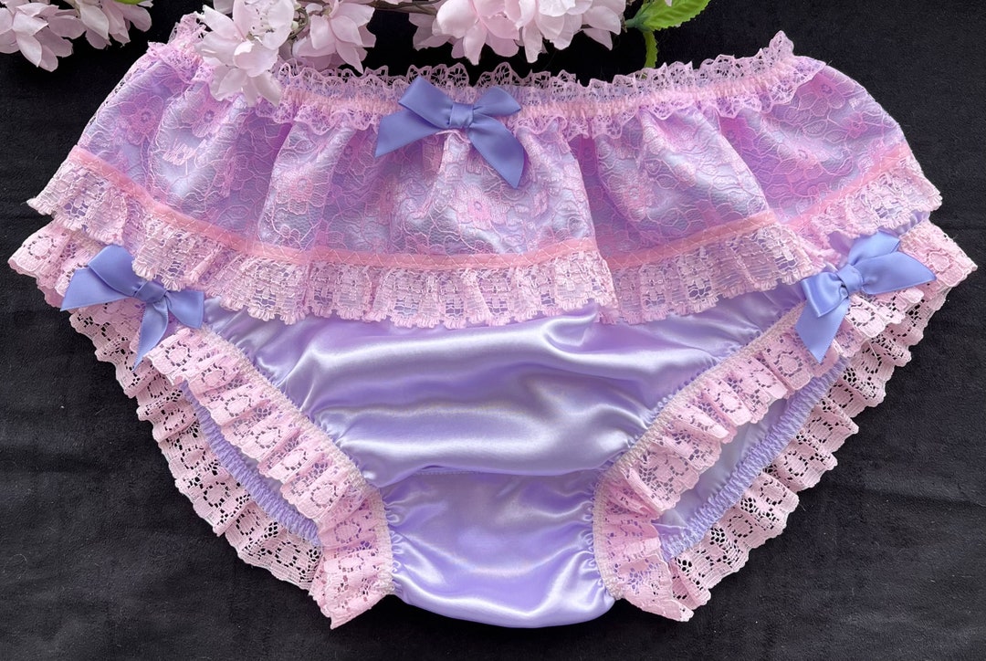 Soft Silky Lilac Satin Sissy Knickers/bikini Panties Pink Lace Trim and Satin Bows. Made to