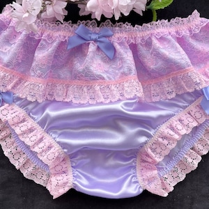 Soft Silky Lilac Satin Sissy Knickers/Bikini Panties - Pink Lace Trim and Satin Bows. Made to Order. Medium up to Extra Extra Large.