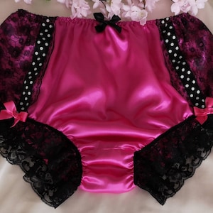 Felroze slipje met volledige pasvorm/zachte satijnen Sissy-knickers - kanten zijkanten met polkadot-lint. Handgemaakt op bestelling - Medium tot Extra Extra Large