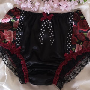 Black Satin Sissy Panties: Rose Print, Lace Trim, Polka Dot Detail. Made to Order