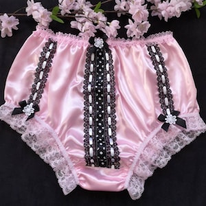 Baby Pink Satin Fuller Fit Panties-Feminine Sissy Knickers - Polka Dot Ribbon & Lace Trim - Made to Order - Medium up to Extra Extra Large