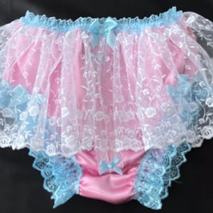 Baby Rosa Doppel Satin Reißverschluss vorne Bikini Höschen - Bestickter Tüll Spitzen Rock - Made to Order - Medium bis Extra Large