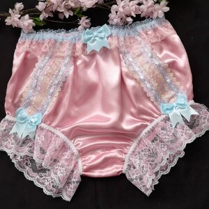 Baby Pink Satin Full Fit Panties. Feminine Sissy Knickers. Ribbon. Lace. Bows. Made to Order. Medium up to Extra Extra Large.
