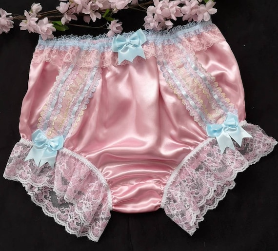 Baby Pink Satin Full Fit Panties. Feminine Sissy Knickers. Ribbob