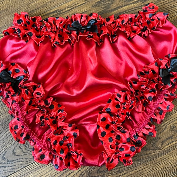 Red Satin Bikini Pantys with PolkaDot Ruffled Waist and Legs.Made to Order. Medium to Extra Extra Large.