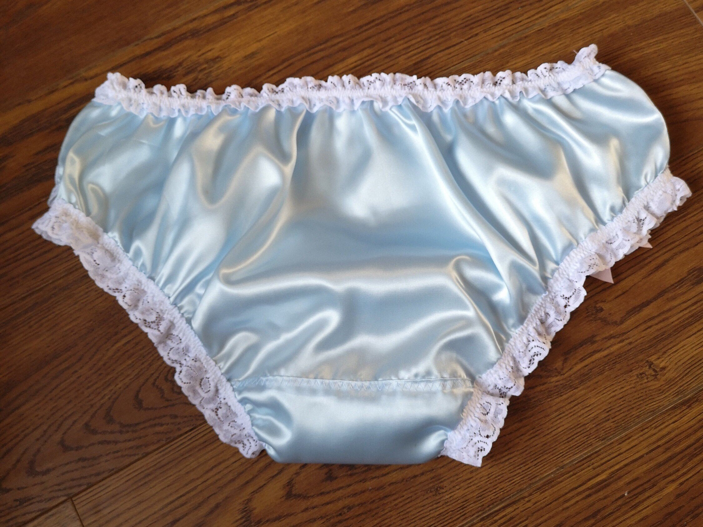 thumbnail interactive-video image 1 of Satini Baby Blue Sissy Sheer Nylon Frilly Satin Bow Briefs Panties Size 10-20 1 of 6