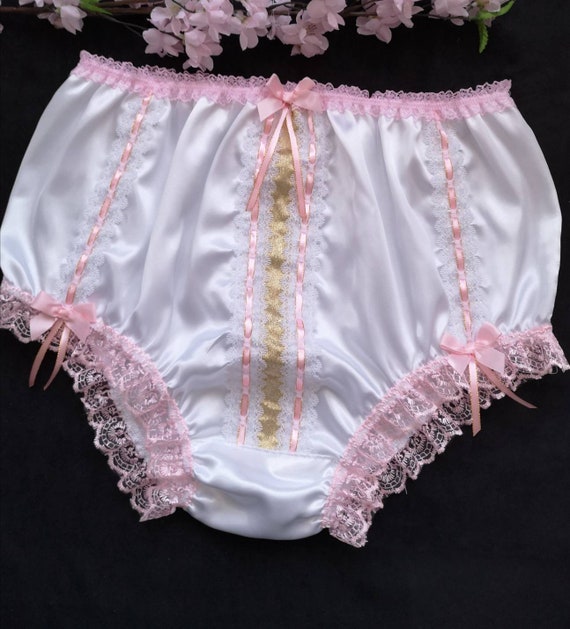 Bridal White Fuller Fit Satin Panties/sparkly Sissy Knickers Gold and Pink  Trim Made to Order Medium up to Extra Extra Large 