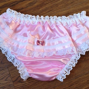 Baby Pink Bikini Panties - Slippery Satin Sissy Knickers - Frilly Bum Ruffle - Made to Order - Medium up to XXL