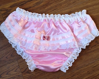 Baby Pink Bikini Panties - Slippery Satin Sissy Knickers - Frilly Bum Ruffle - Made to Order - Medium up to XXL