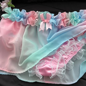 Baby Pink Double Satin - Rainbow Chiffon Skirted Bikini Panties/Feminine Sissy Knickers. Made to Order. Medium up to Extra Extra Large