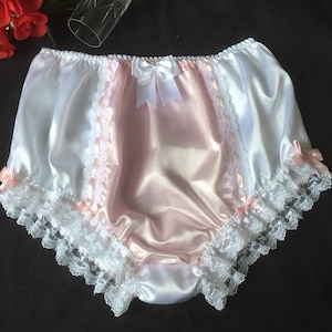 Wit/roze satijnen sissy-slipje bruids/vrouwelijk slipje in vintage stijl - medium tot XXL