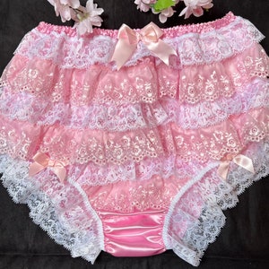 Baby Rosa Satin Fuller Fit Sissy Schlüpfer. Gestufte Spitze und Tüll Frilled Panties- Made to Order - Medium bis Extra Large