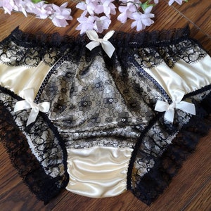 Handmade Pale Lemon Satin Panties: Black Lace Detail, Made to Order.