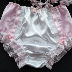 Bridal White Satin Full Fit Panties/Pink Lace Side Detail Slippery Soft Sissy Knickers - Made to Order - Medium up to Extra Extra Large