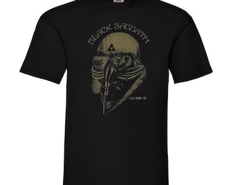May include: Black Sabbath t-shirt with a vintage-style graphic of a person wearing a gas mask and the text "Black Sabbath" and "U.S. Tour 78".