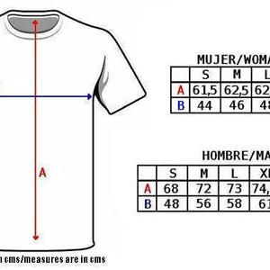 May include: A diagram showing the measurements for a t-shirt in centimeters. The diagram shows the length (A) and width (B) of the shirt. The measurements are listed in a table for different sizes, including S, M, L, XL, XXL, and XXXL.