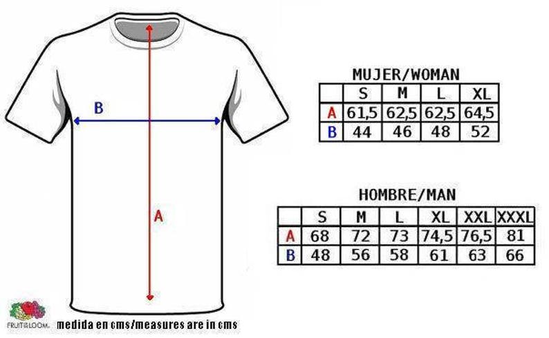May include: A diagram showing the measurements for a t-shirt in centimeters. The diagram shows the length (A) and width (B) of the shirt. The measurements are listed in a table for different sizes, including S, M, L, XL, XXL, and XXXL.