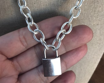 Lock Necklace, Curb Chain , Curb Lock Necklace, Padlock Charm Necklace , Charm Lock Necklace, Handmade jewelry/Submissive