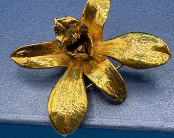 RISIS Vintage 24K Gold Dipped Orchid Pendant Necklace Black Enamel