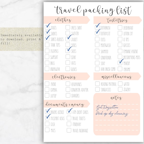 Travel Packing List Instant Download Print Template/organization
