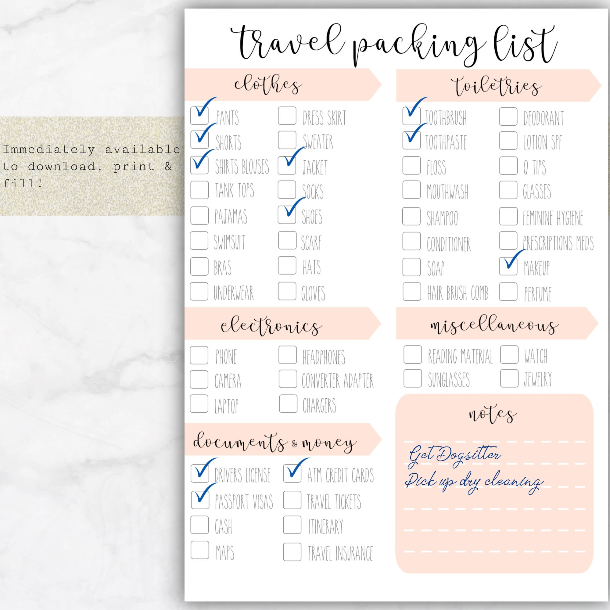 Travel Packing List • Instant Download Print • Template/organization ...