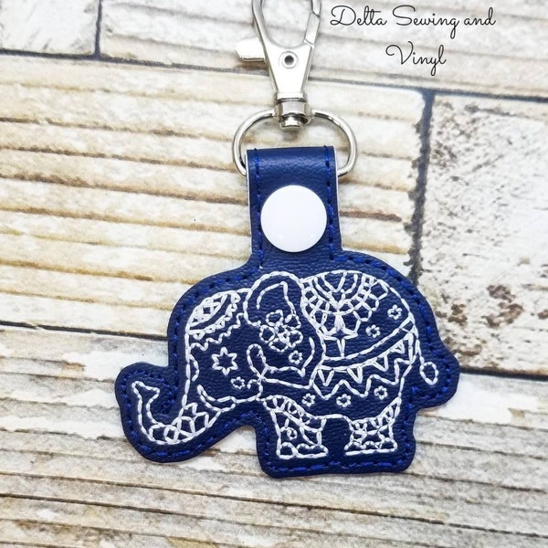 Elephant Keychain, Asian Elephant Key Fob, Mandala Zipper Pull, African Elephant, Animal, Jungle, Charm